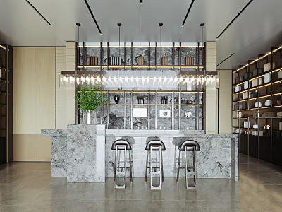Modern Bar Interior With Marble Counter High Stools And Lighting Fixtures 3d model