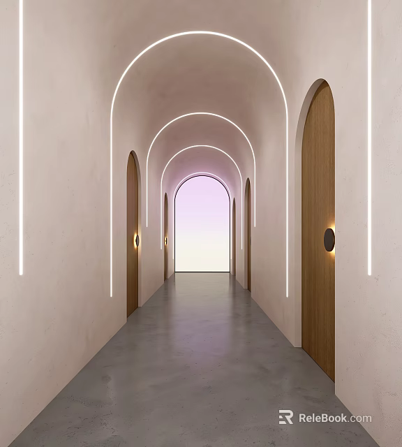 Modern Elevator Hallway With Arched Doorways Textured Walls And Soft Lighting Design 3d model 