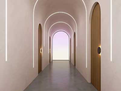 Modern Elevator Hallway With Arched Doorways Textured Walls And Soft Lighting Design 3d model