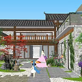Serene Garden Courtyard With Stone Wall Vines Potted Plants And Pathway