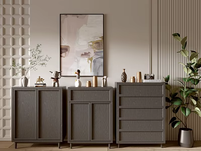 Elegant Modern Console Cabinet And Side Cabinet With Decorative Painting Vase Ornaments And Green Plant 3d model