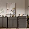 Elegant Modern Console Cabinet And Side Cabinet With Decorative Painting Vase Ornaments And Green Plant