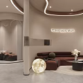 Elegant Modern Beauty Salon Reception Area With Curved Lighted Desk And Marble Product Display Wall