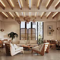 Cozy Café Interior With Wooden Ceiling Beams Rattan Pendant Lights And Sofa Seating