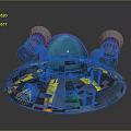 Futuristic UFO Model With Blue Dome Gray Base Yellow Stripes And Side Cylindrical Structures