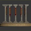 Classical Architectural Columns On Circular Platform With Red Ornaments And Golden Trim