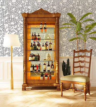 Vintage Wooden Wine Cabinet With Glass Doors And Bottles Against Patterned Wallpaper And Potted Plants 3d model