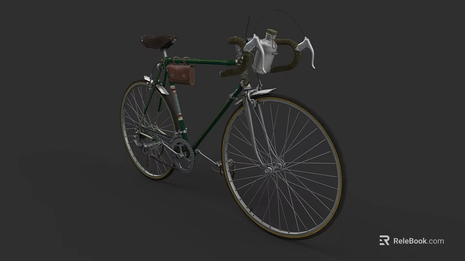 Vintage Green Bicycle With Brown Seat White Handlebar Grips And Leather Pouch 3d model 