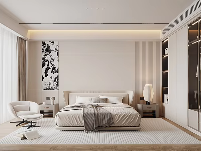Modern Bedroom Interior With Bed Black And White Abstract Painting Nightstand Lamp Chair And Rug 3d model