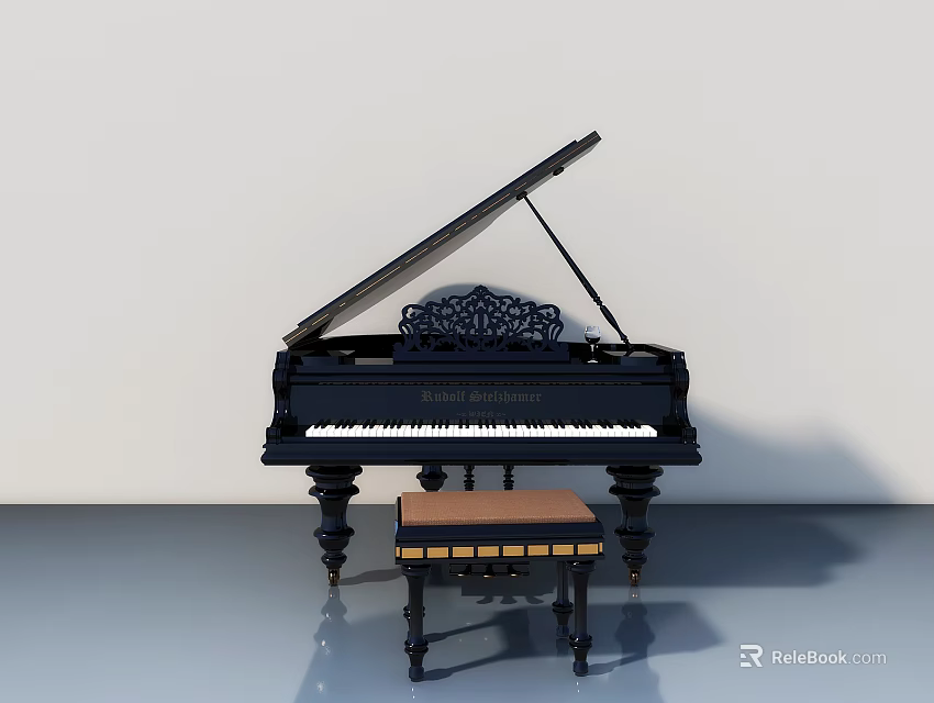 Elegant Black Grand Piano With Intricate Carved Design And Matching Stool In Bright Room 3d model 