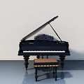Elegant Black Grand Piano With Intricate Carved Design And Matching Stool In Bright Room