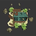 Cartoon Style Tropical Island Scene With Wooden House Blue Roof Palm Trees And Rocks