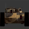 Tan and Black Military Vehicle With Armored Structure Hatch Wheels Red Taillights