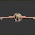 Blonde Woman In Red Striped Bodysuit And Red Bikini With Arms Outstretched Against Gray Background