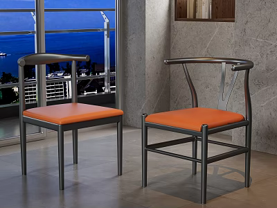 Modern Leisure Chairs With Orange Cushions Black Metal Frames And Sea View Through Large Windows 3d model