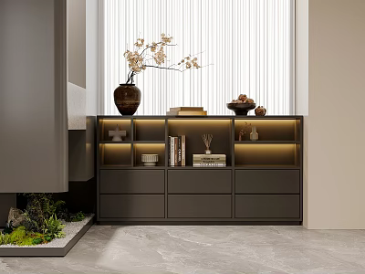 Modern Entryway Cabinet Sideboard With LED Lighting Drawers Shelves And Decorative Vase 3d model