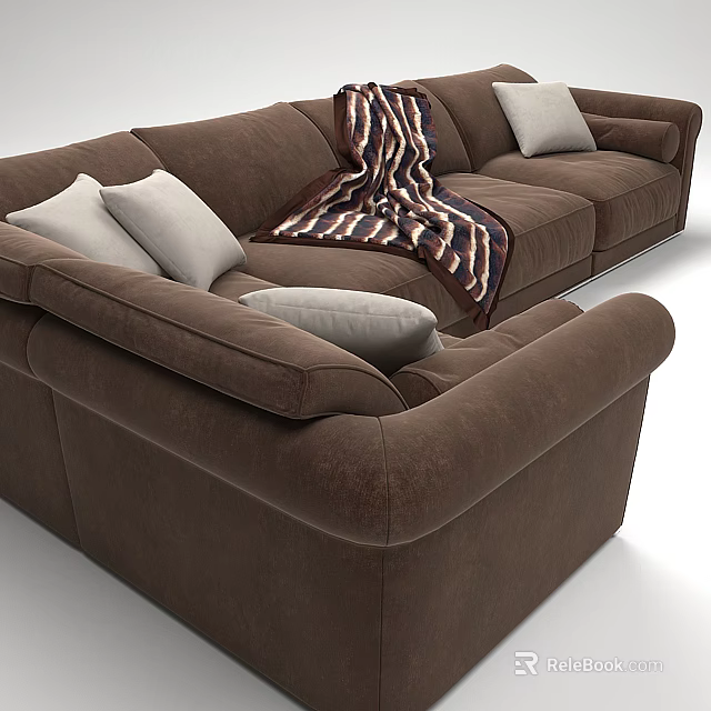 Brown Sectional Sofa Featuring White Cushions And Striped Blanket Details 3d model