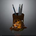 Cartoon Tree Stump Shaped Pencil Holder with Little Bear and Little Fox Design Holding Pens