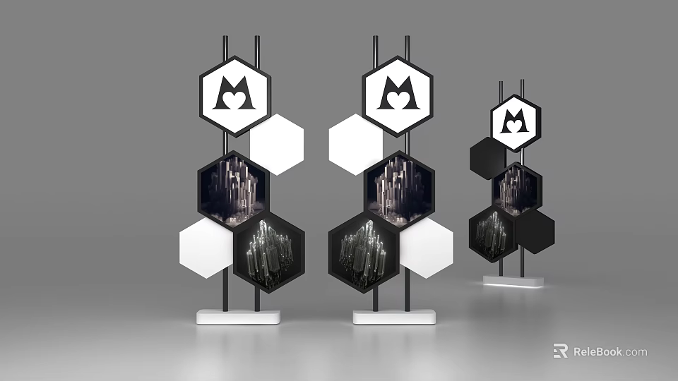 Modern Hexagonal Display Stands with M Logo Cityscape Images and Marble Bases 3d model 