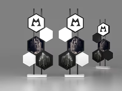 Modern Hexagonal Display Stands with M Logo Cityscape Images and Marble Bases 3d model