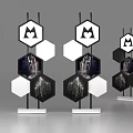 Modern Hexagonal Display Stands with M Logo Cityscape Images and Marble Bases