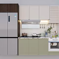 Modern Kitchen Interior With Light Green Wall Cabinets Stove And Refrigerator