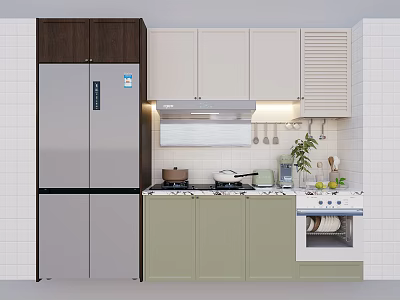 Modern Kitchen Interior With Light Green Wall Cabinets Stove And Refrigerator 3d model