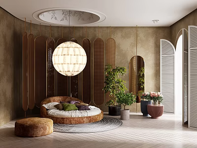 Stylish Bedroom Interior Design With Round Bed Circular Pendant Light Brown Walls And Plants 3d model
