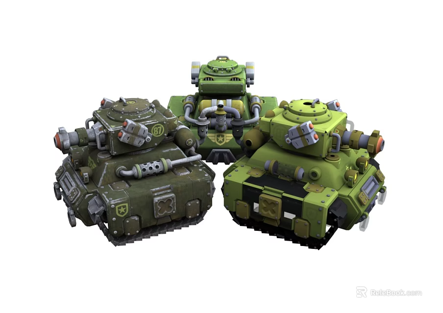 Military Tanks In Green And Dark Color With Mechanical Armor And Turret Design 3d model 