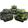 Military Tanks In Green And Dark Color With Mechanical Armor And Turret Design