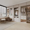 Elegant Modern Walk-in Closet Interior With White Cabinets Gold Frames Dressing Table And Wooden Floor