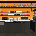 Modern Café Interior With Orange Walls Coffee Cups On Shelves Black Counter And Coffee Machine