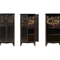 Dark Wood Decorative Cabinet With Intricate Carved Patterns And Open Shelves
