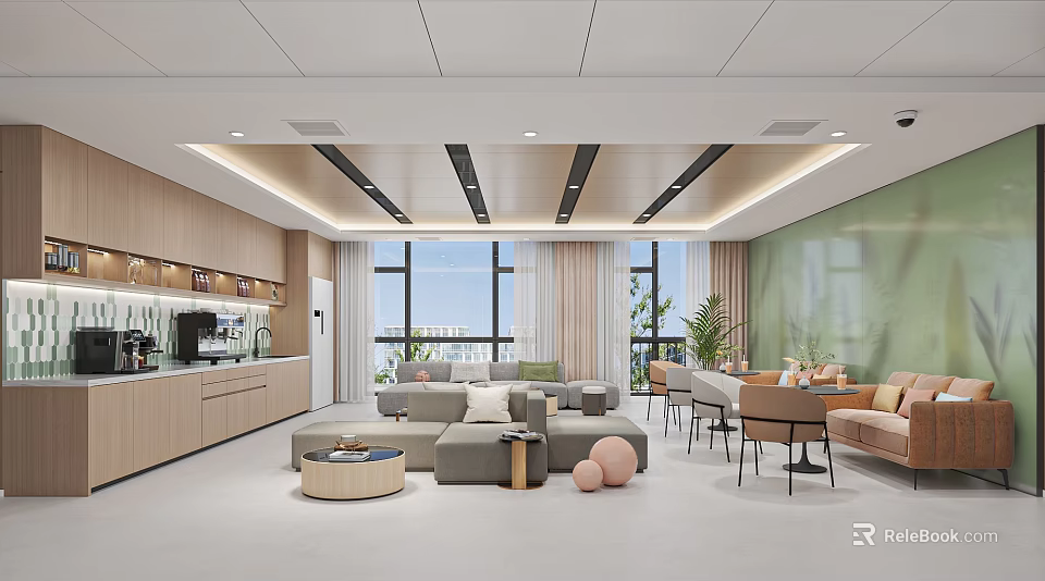 Modern Spacious Break Room Interior Design With Sofa Tables Chairs And Green Plants 3d model 