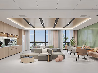 Modern Spacious Break Room Interior Design With Sofa Tables Chairs And Green Plants 3d model