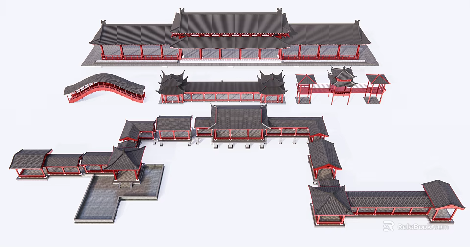 Traditional Chinese Architectural Models with Red Black Roofs Pavilions and Bridges 3d model 