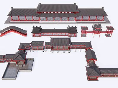 Traditional Chinese Architectural Models with Red Black Roofs Pavilions and Bridges 3d model
