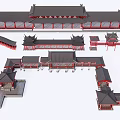 Traditional Chinese Architectural Models with Red Black Roofs Pavilions and Bridges