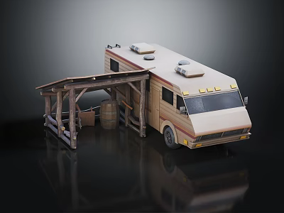 Retro Camper Van With Wooden Canopy And Barrel On Reflective Surface 3d model
