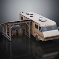 Retro Camper Van With Wooden Canopy And Barrel On Reflective Surface 3d model