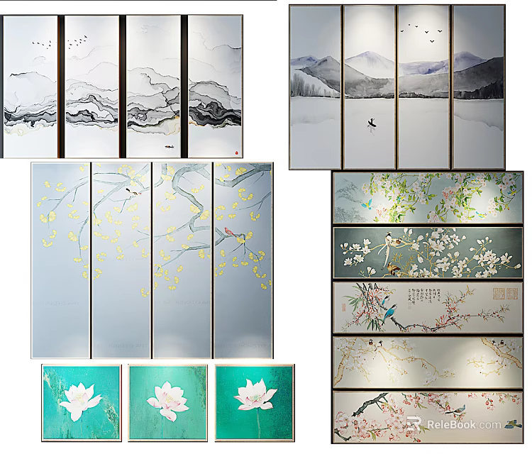 Chinese Style Landscape Paintings With Mountain River Bird And Flower Themes 3d model 