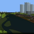 Urban Waterfront Landscape With Scenic River Green Banks And Tall Buildings At Sunset