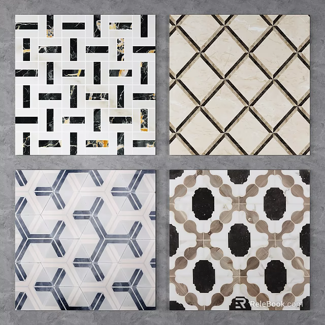 Decorative Floor Tiles With Various Geometric Patterns And Color Combinations 3d model