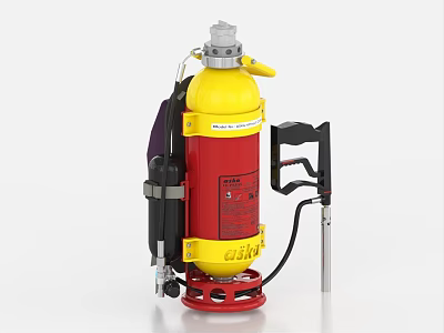 Portable Yellow And Red Fire Extinguisher With Strap Base Stand And Nozzle 3d model