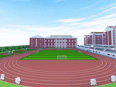 Football Field With Running Track Green Grass Goalposts And Surrounding School Buildings 3d model