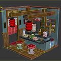 Japanese Style Interior With Wooden Counter Red Lanterns And Red Stools