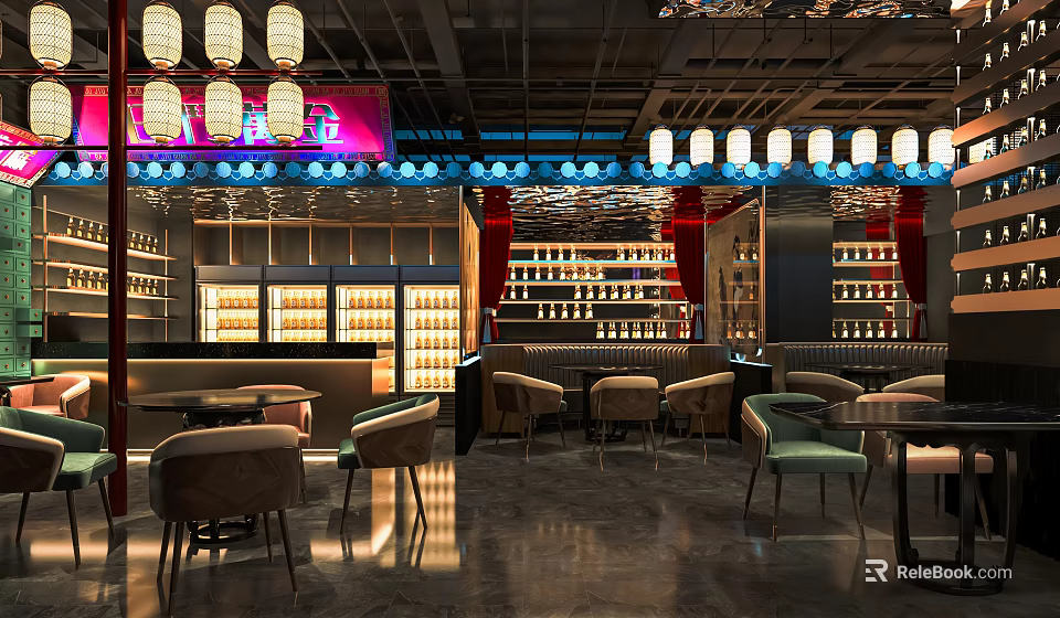 Modern Bar Interior With Hanging Lanterns Wine Racks And Comfortable Seating 3d model 