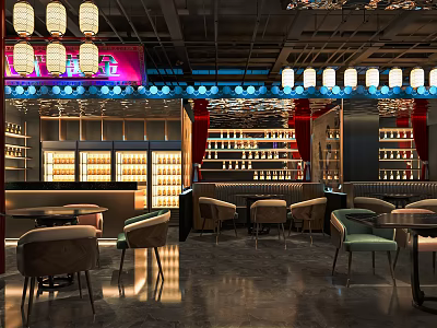 Modern Bar Interior With Hanging Lanterns Wine Racks And Comfortable Seating 3d model