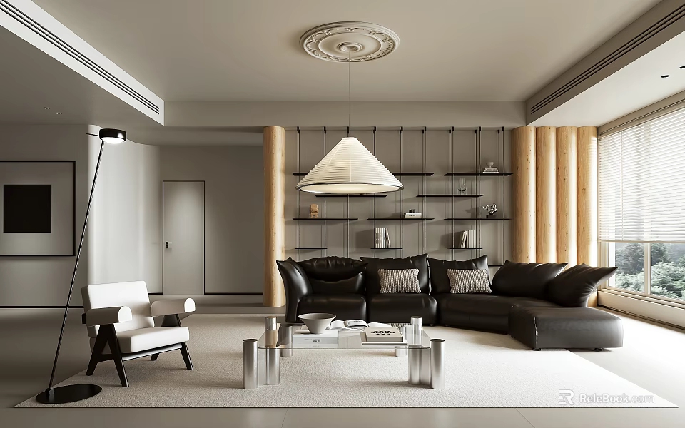 Modern Living Room Interior With Black Sofa White Chair Shelves And Pendant Lamp 3d model 