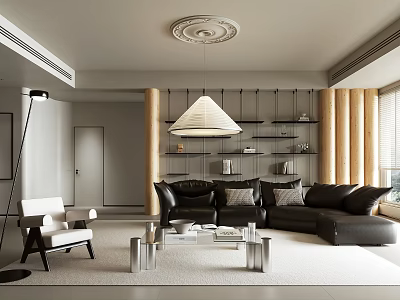 Modern Living Room Interior With Black Sofa White Chair Shelves And Pendant Lamp 3d model